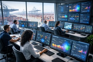 A modern port terminal control room with operators monitoring digital dashboards and a view of container stacks and cranes outside.