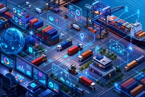 Isometric illustration of a shipping terminal with containers, cranes, trucks, and digital data overlays representing complex terminal operations.