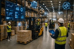 A modern warehouse with workers and forklifts, featuring digital overlays that represent real-time data and technology integration.