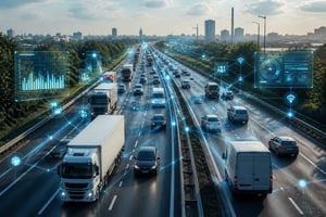 A busy highway with multiple trucks and digital network overlays, representing the intersection of road freight and digitalization.