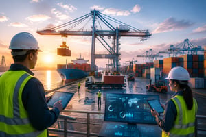 A vibrant cargo terminal with cranes, containers, and workers using digital devices, illustrating efficient and modern operations.