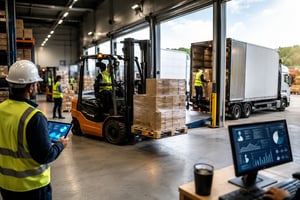 A modern warehouse dock with forklifts, workers, and trucks being loaded in a well-coordinated, efficient manner.