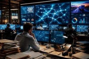 A busy logistics control room with managers balancing digital transport screens and stacks of paperwork, highlighting the tension between manual and digital processes.