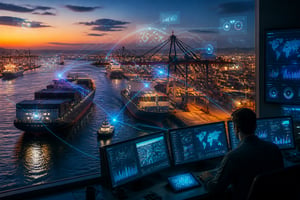 A container port at dusk with digital data overlays connecting ships, cranes, and a control room, symbolizing the integration of real-time data in port finance.