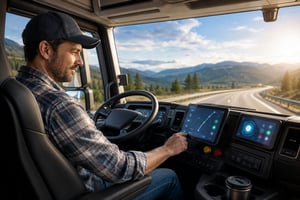 A calm truck driver in a modern vehicle cab looks at a digital device, illustrating reduced stress through technology.