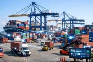 A modern port terminal with cranes, containers, and vehicles, overlaid by digital network lines symbolizing real-time operational visibility.
