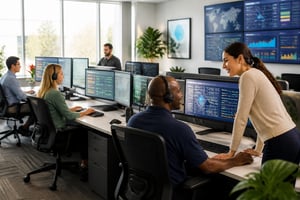 A bright, modern dispatch office with a diverse team working together at computers, showing abstracted logistics data on screens in a calm, organized environment.