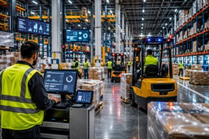 A busy warehouse scene with workers, forklifts, and pallets moving efficiently during a peak period.