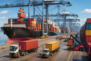 A bustling port terminal with ships, cranes, and vehicles working together to move containers efficiently.