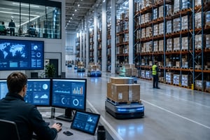 A spacious, high-tech warehouse with automated vehicles, tall shelving, and workers supervising digital dashboards in a modern Nordic setting.