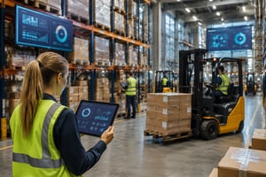 A modern warehouse with organized shelves and workers using tablets to manage cargo, illustrating efficient technology use in logistics.