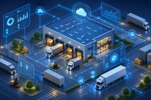 Isometric illustration of a warehouse and transport trucks connected by digital lines, symbolizing synchronized logistics operations.