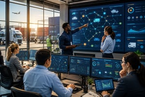 A modern logistics control room with a diverse team collaborating in front of digital displays showing abstract transport data, with trucks and containers visible outside.