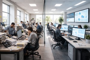 A logistics office divided between manual paperwork chaos and efficient digital operations, highlighting the contrast in workflow environments.