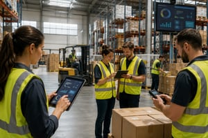 A busy warehouse with workers using digital devices and forklifts moving goods, illustrating teamwork and technology in action.