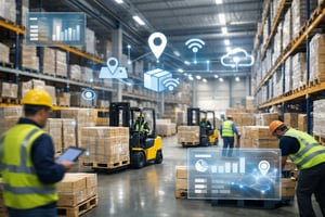A busy modern warehouse with workers and forklifts, highlighted by digital overlays representing real-time tracking and operational visibility.