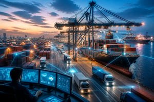 A modern container port at dusk showing cranes, ships, and trucks interconnected by digital network effects, representing real-time operational visibility.