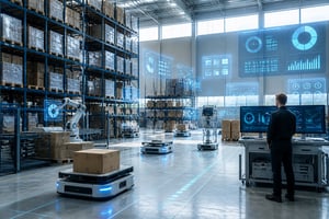 A modern Nordic warehouse interior with high shelves, automated vehicles, and digital data overlays representing real-time visibility.
