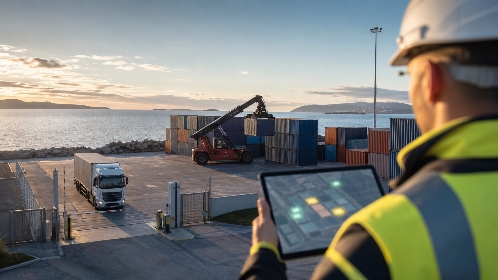 Small European container terminal with a worker using a tablet for real-time yard management