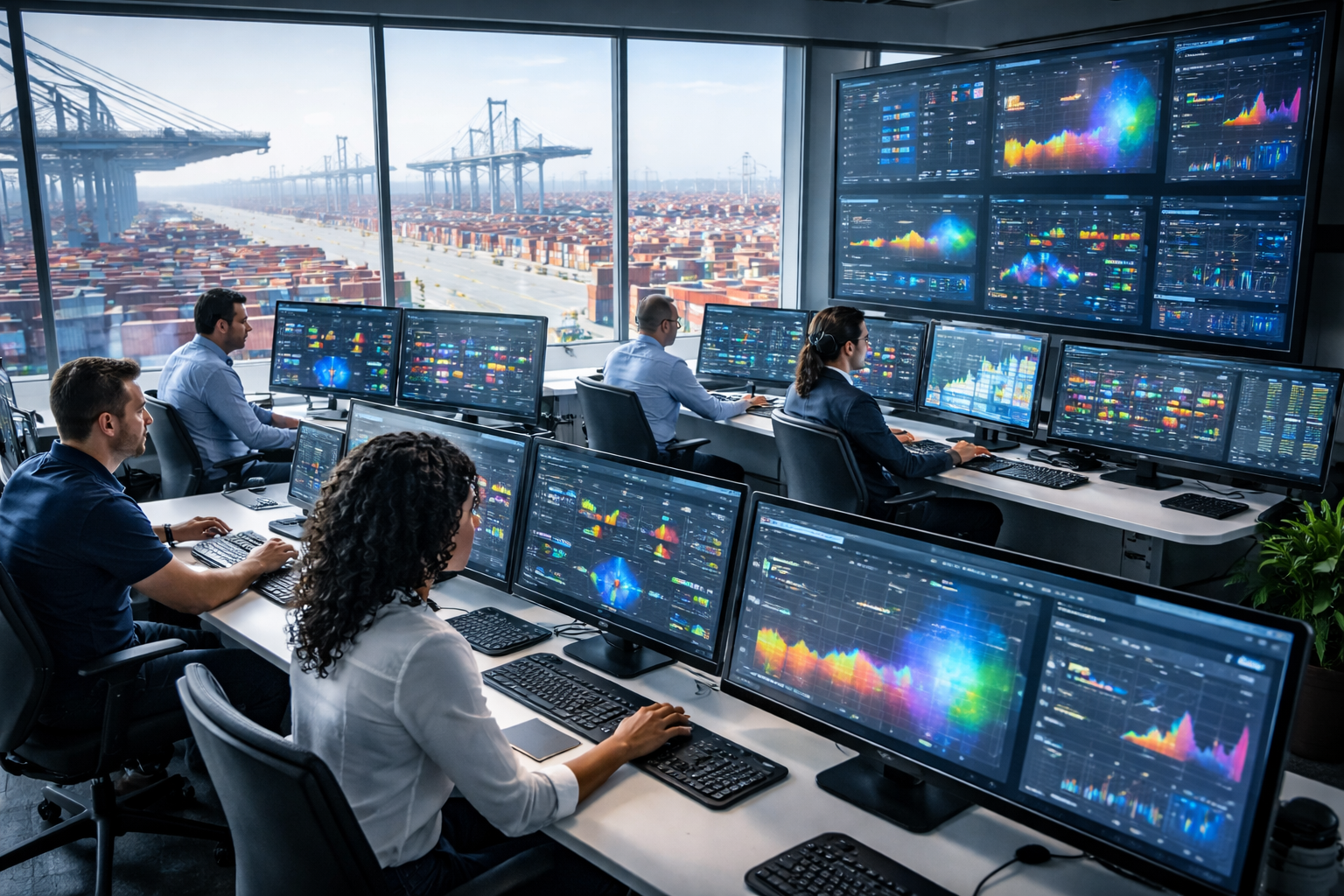 A modern port terminal control room with operators monitoring digital dashboards and a view of container stacks and cranes outside.