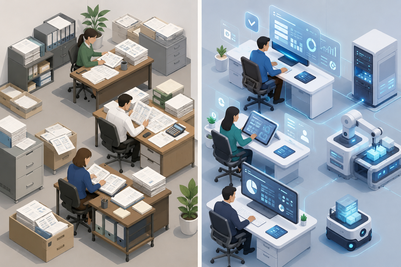 Isometric illustration contrasting manual paperwork processes with modern digital terminals in terminal operations.