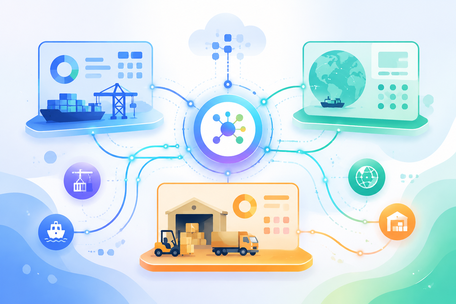 Flat vector illustration of interconnected abstract system icons and flowing lines symbolizing seamless data integration in terminal operations.