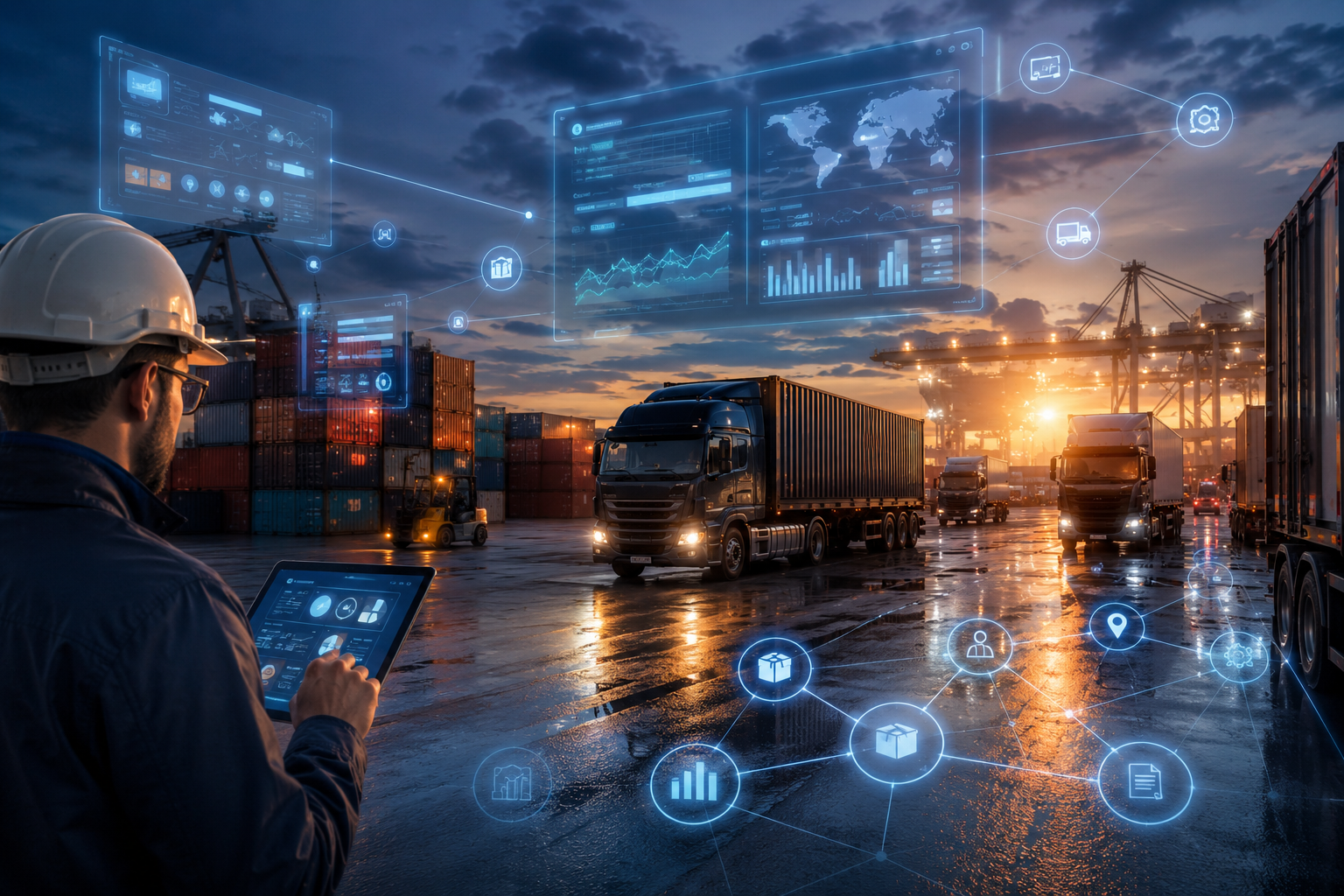 A logistics yard with trucks and containers, enhanced by digital interface overlays symbolizing modern workflow solutions in haulage management.