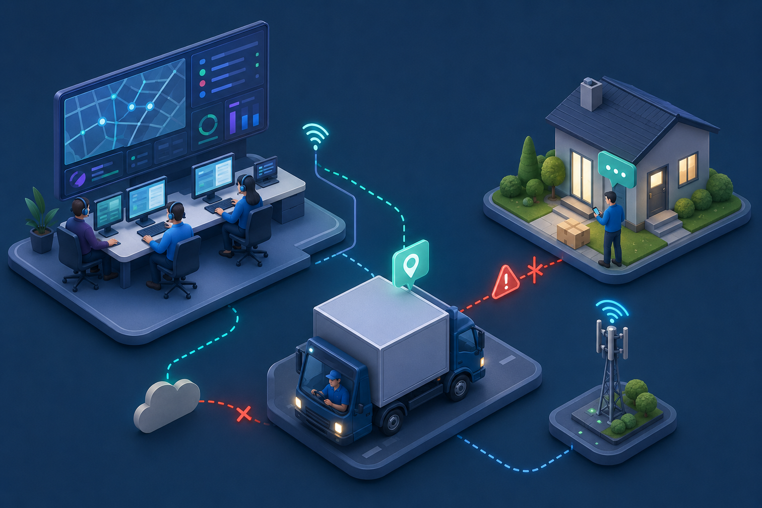 Isometric illustration of dispatch, driver, and customer locations connected by digital lines, some broken to represent communication gaps in haulage operations.