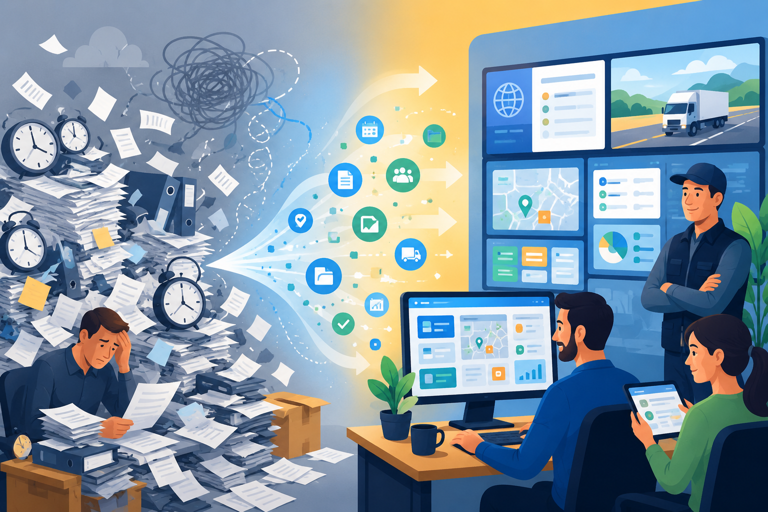 Flat vector scene showing paperwork chaos transforming into organized digital workflows with calm haulage managers, illustrating the benefits of digitalization.