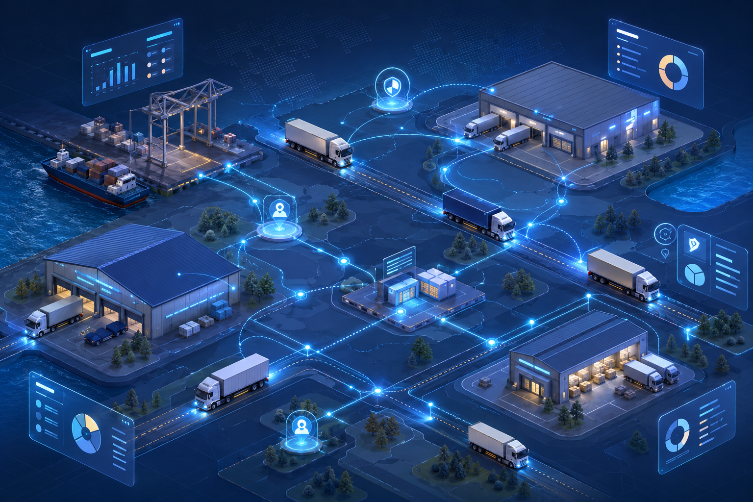 Isometric illustration of trucks, warehouses, and terminals connected by digital data lines on a stylized map, representing road freight visibility.