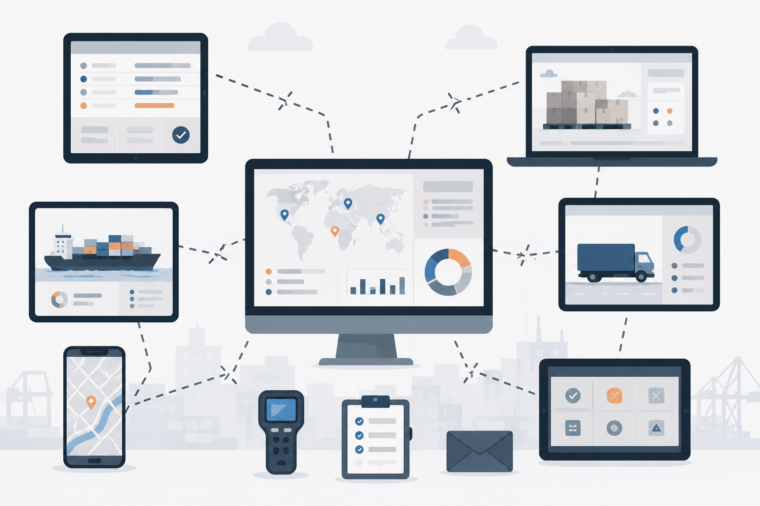 Flat vector illustration of disconnected screens with fragmented data visuals and broken lines, representing fragmented logistics data across systems.