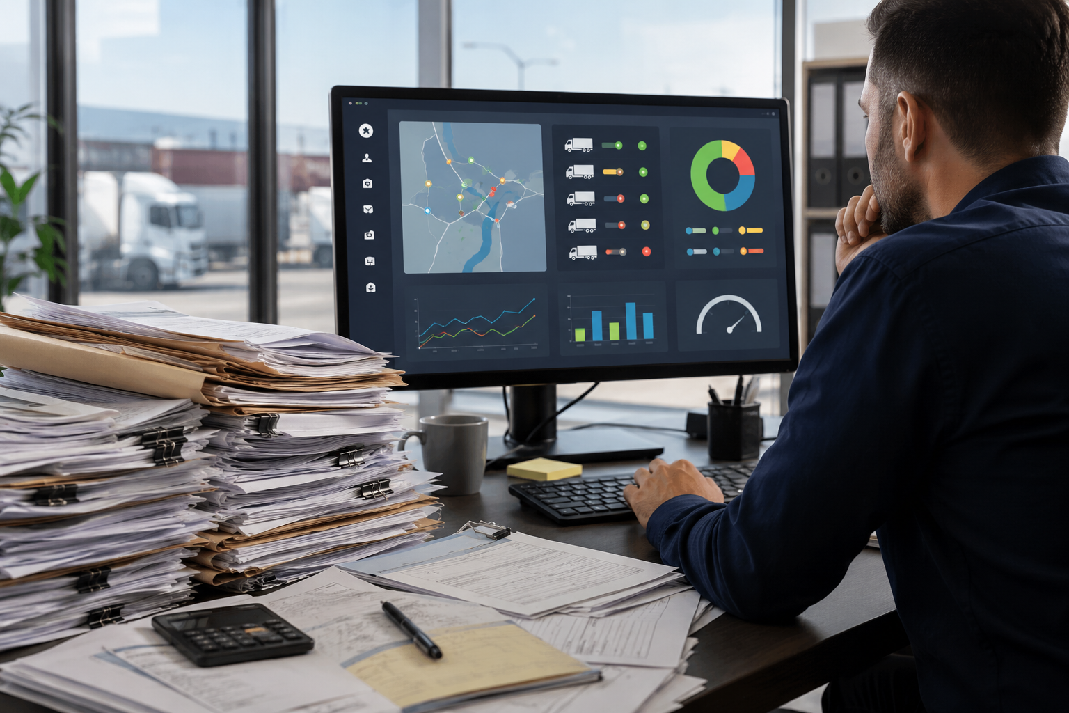 Photorealistic office desk with paper documents and a digital screen showing abstract fleet status icons, illustrating the contrast between manual and digital logistics workflows.