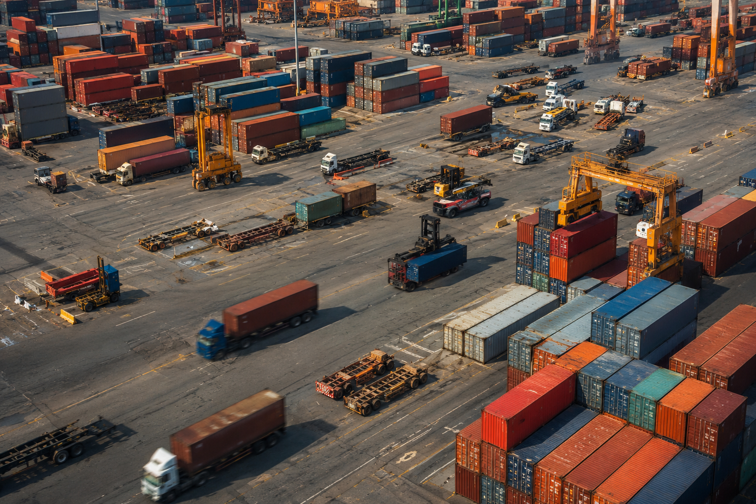 Aerial photo of a container yard with trucks and cranes, some in motion and others idle, illustrating inefficient yard and container movements.
