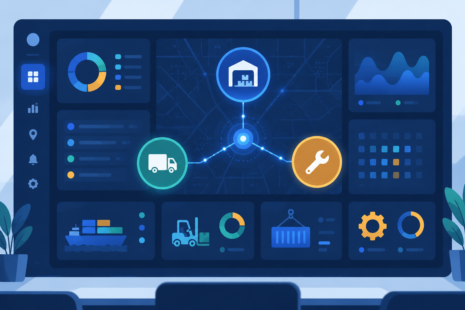 Flat vector graphic of an abstract dashboard with warehouse, transport, and maintenance icons connected by digital lines, symbolizing integrated operational visibility.