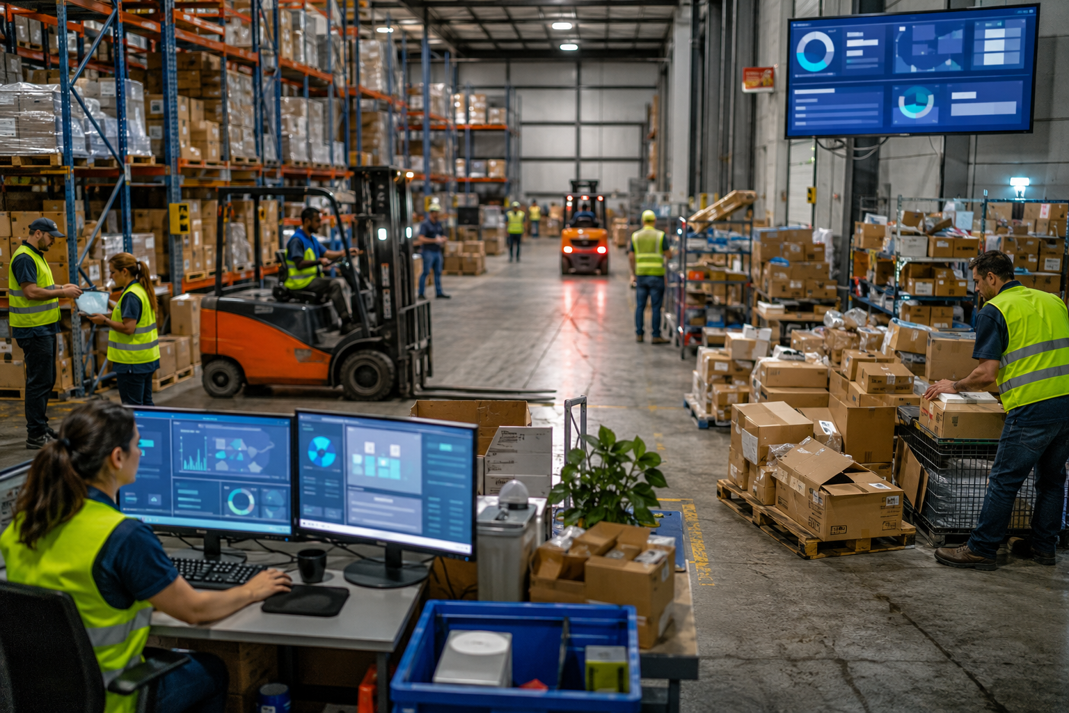 A modern warehouse interior with workers and forklifts moving among shelves, subtly illustrating hidden operational bottlenecks.