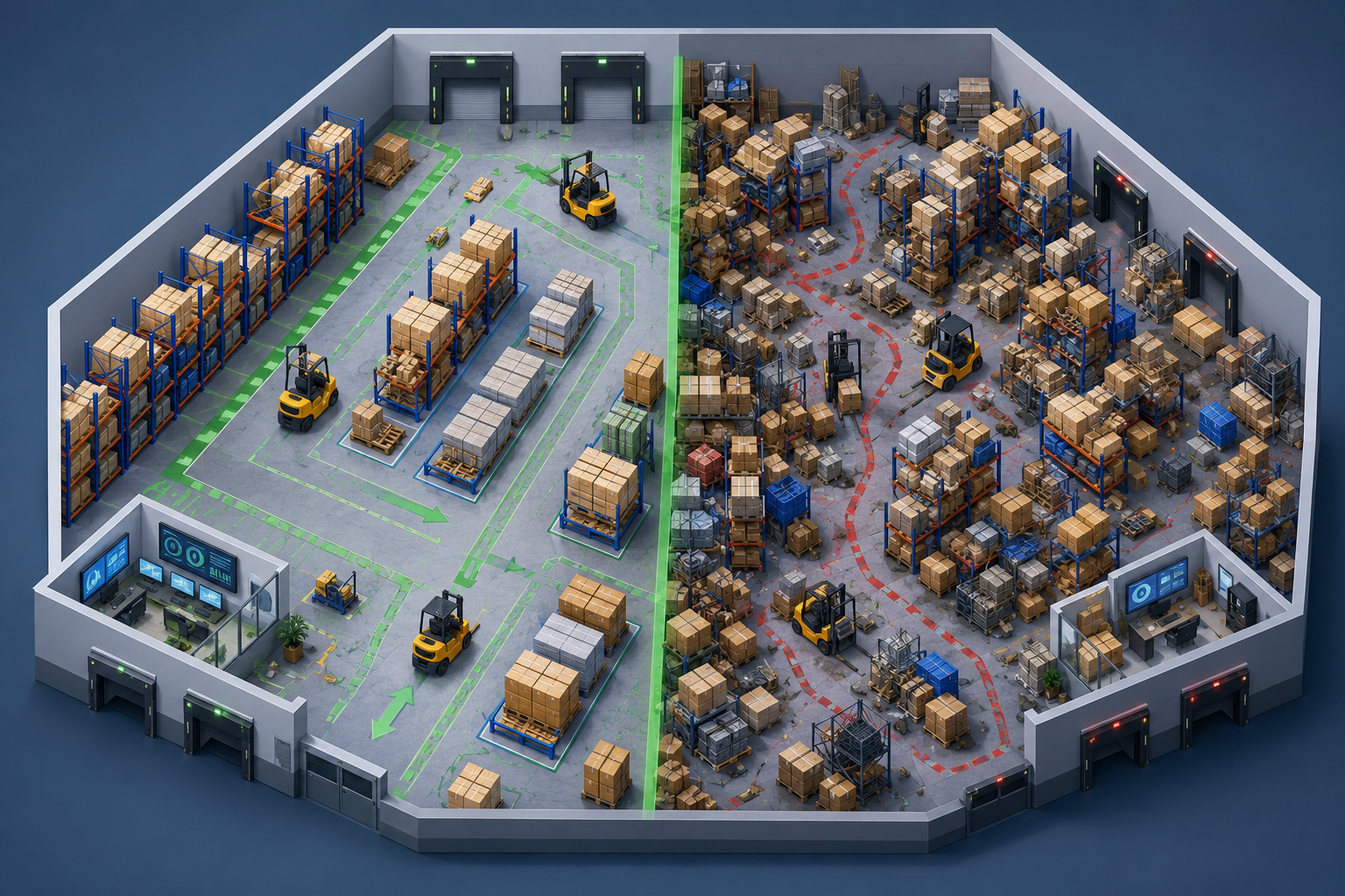 Isometric illustration of a warehouse floor plan showing both well-organized and congested, inefficient areas to highlight space utilization challenges.