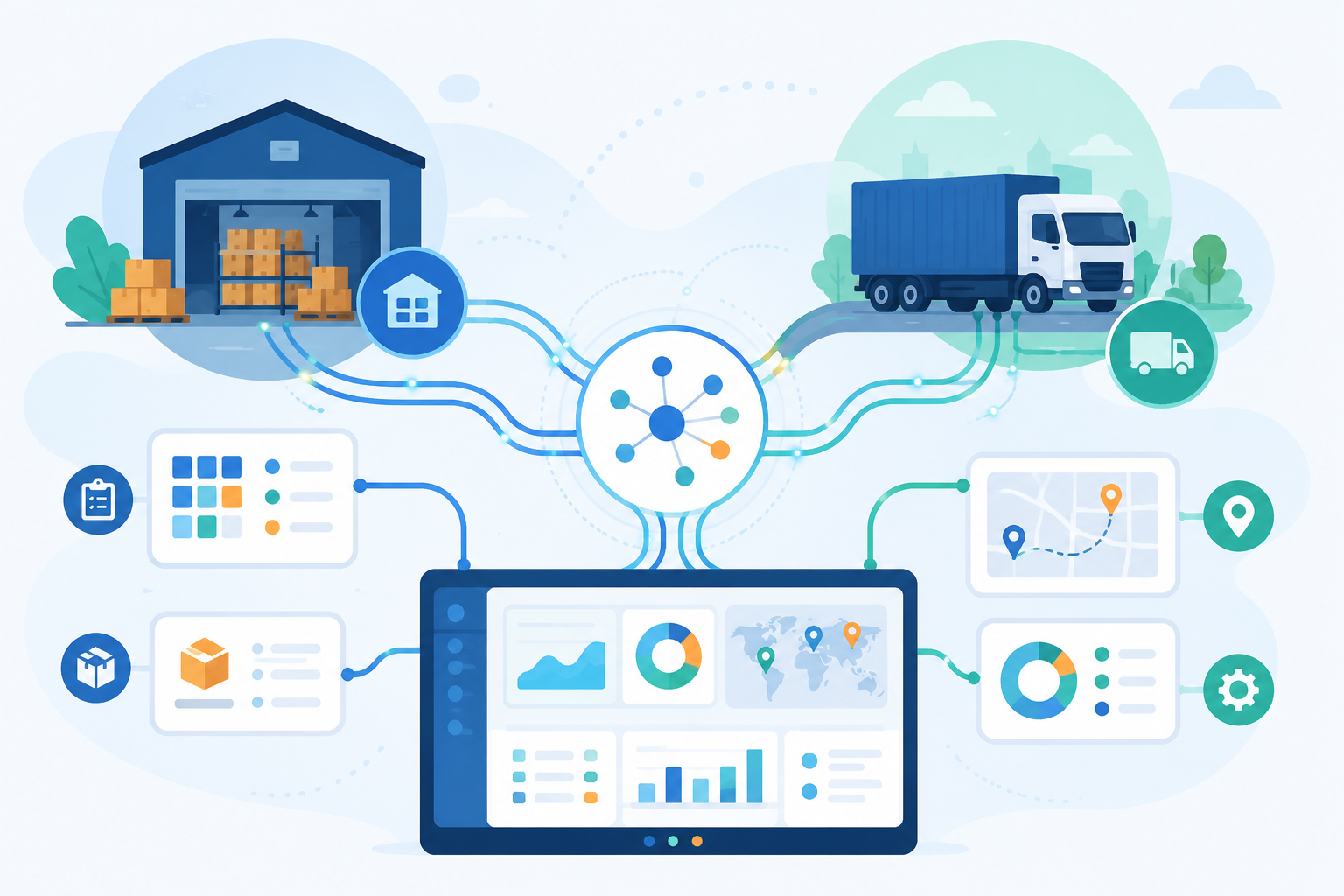 Flat vector illustration of interconnected warehouse, transport, and logistics icons linked by flowing lines, representing integrated logistics systems.