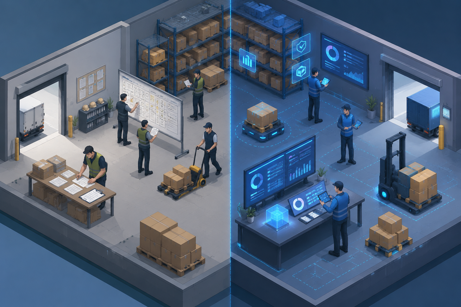 Isometric split-view of a warehouse, contrasting manual coordination with paper and whiteboards on one side and digital coordination with tablets on the other.