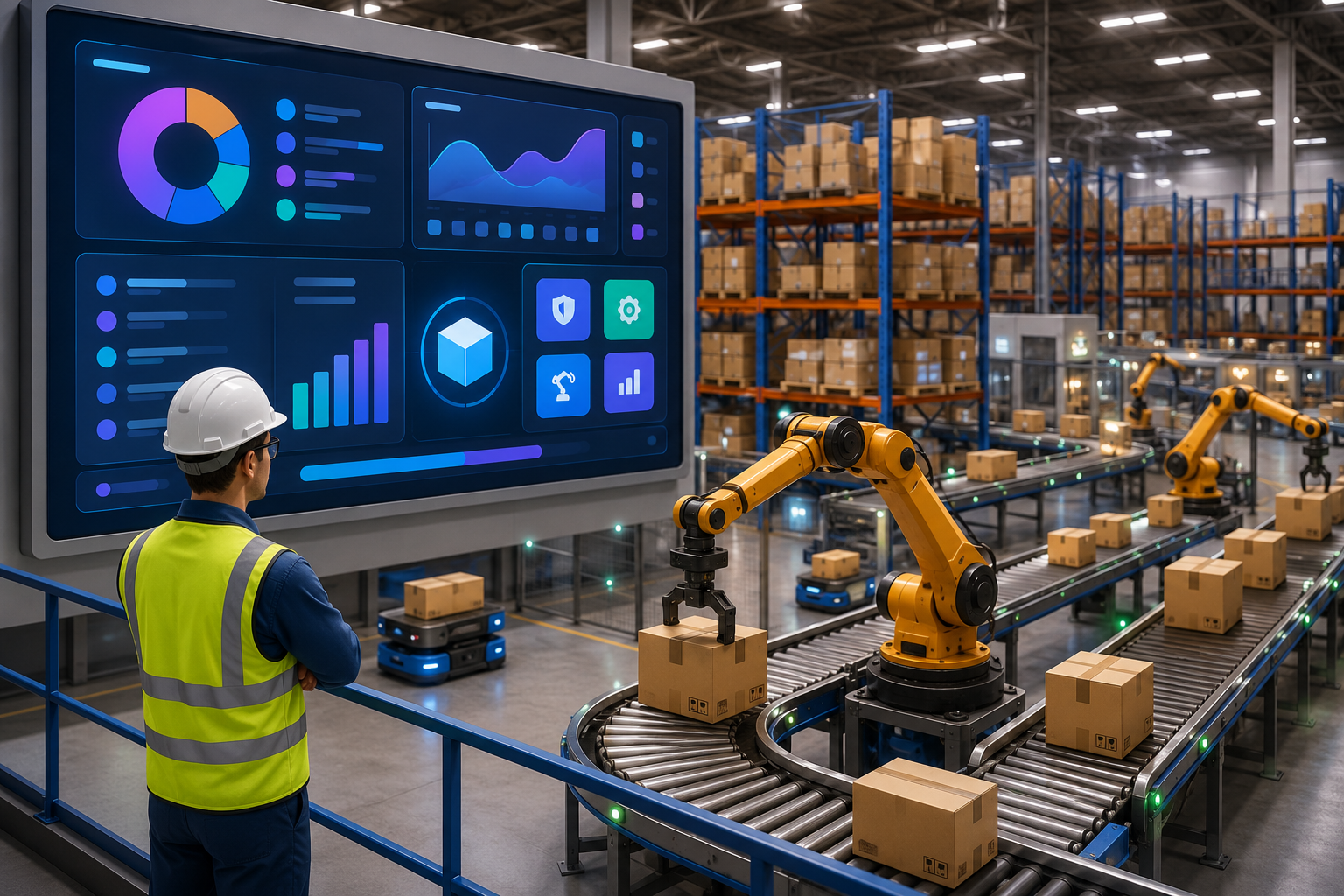 A 3D-rendered warehouse with automation technology and a supervisor monitoring operations on an abstract dashboard.