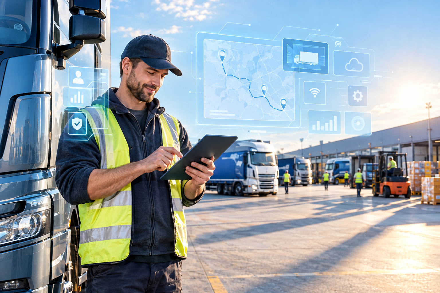 A modern truck driver at a busy terminal uses a tablet, with digital interface graphics overlaid to represent advanced technology in logistics.