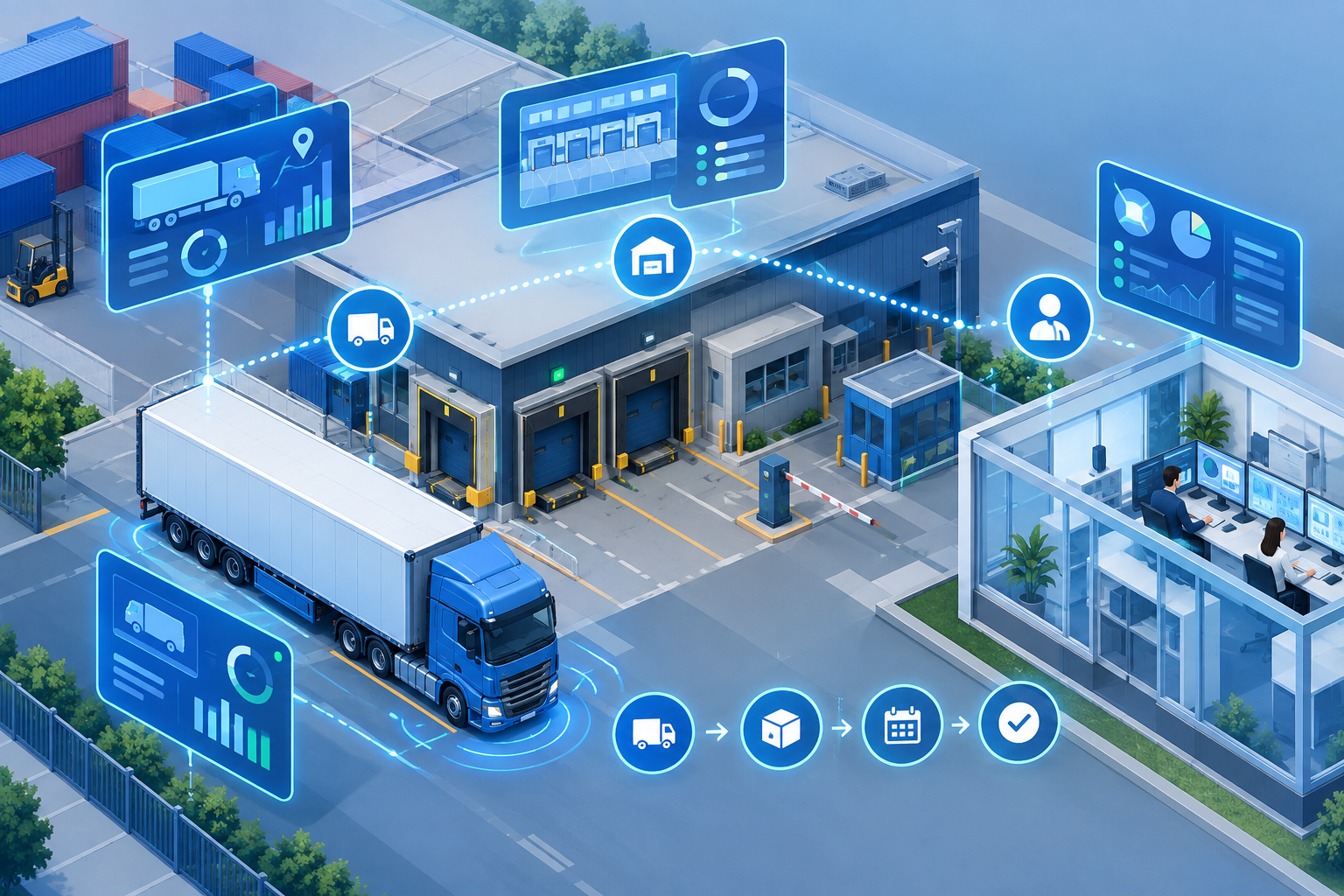 Isometric illustration of a truck at a terminal with digital dashboards and workflow icons linking the truck, terminal, and office.