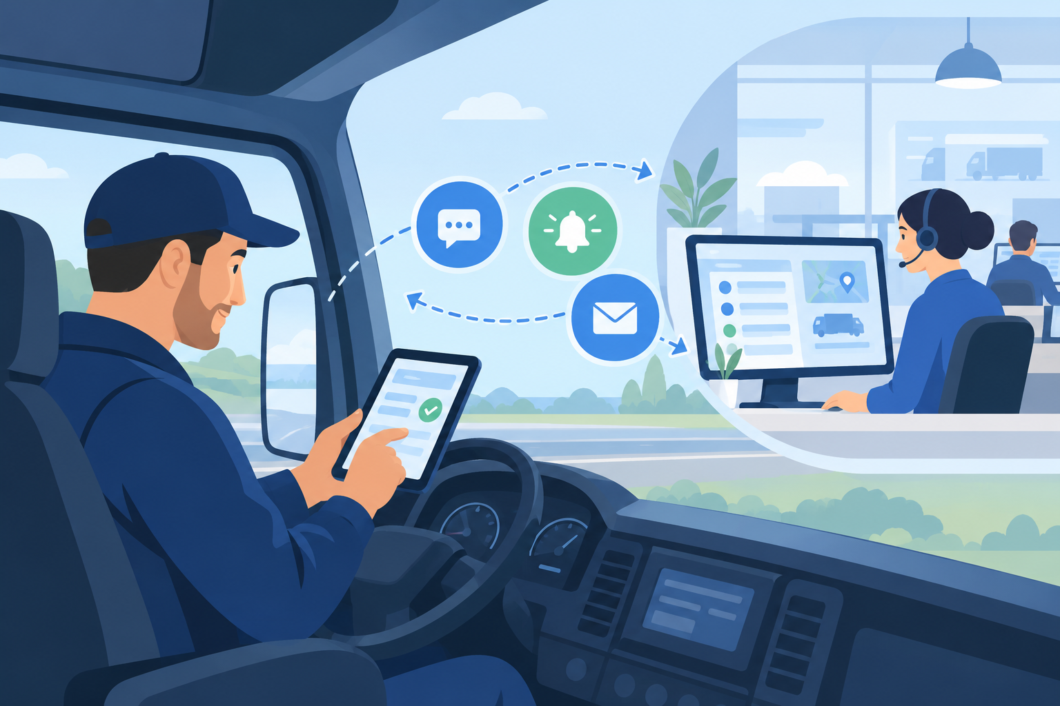 Flat vector image of a truck driver in a cab using a digital device, with abstract icons showing digital communication with a terminal office.