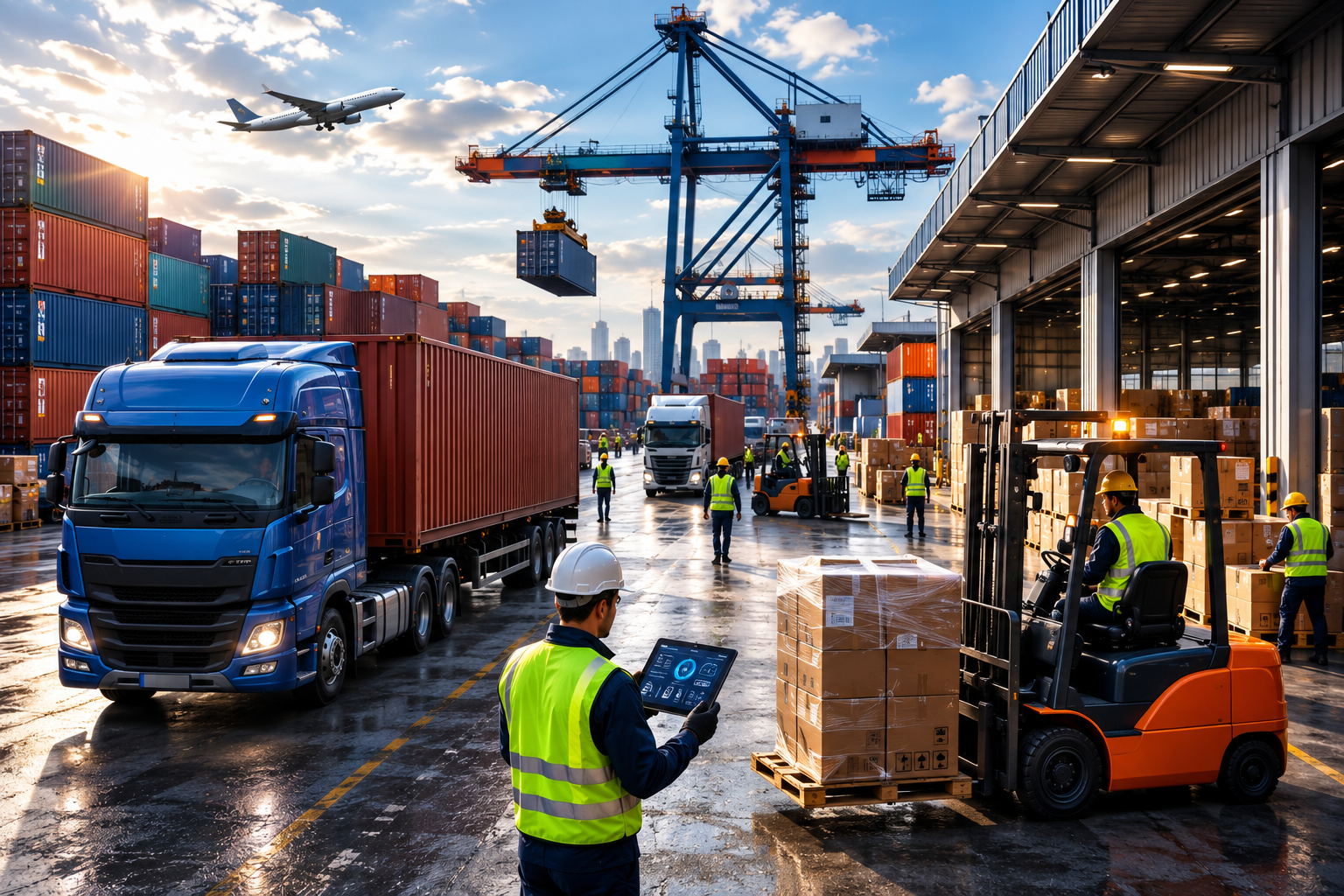 A busy freight depot with trucks, containers, and workers moving efficiently, showcasing a modern, well-organized logistics operation.