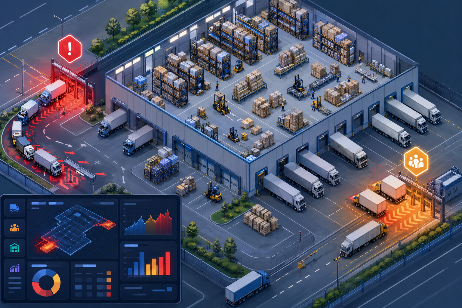 Isometric illustration of a warehouse layout showing highlighted congestion points and bottlenecks at key entry and exit areas.