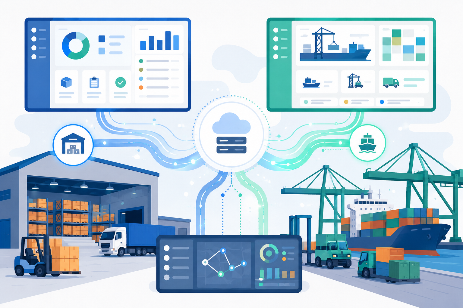 Flat vector illustration of interconnected warehouse and terminal icons with abstract data flows, symbolizing integrated logistics systems.