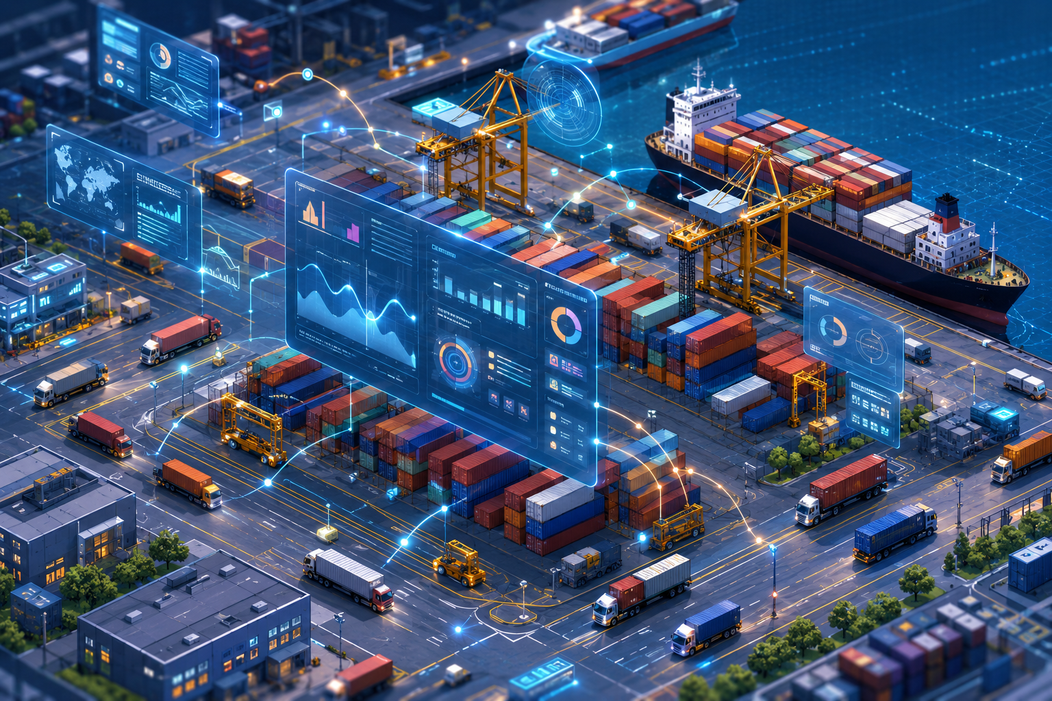 Isometric illustration of a busy port terminal with containers, cranes, trucks, and digital overlays representing predictive analytics and operational flow.