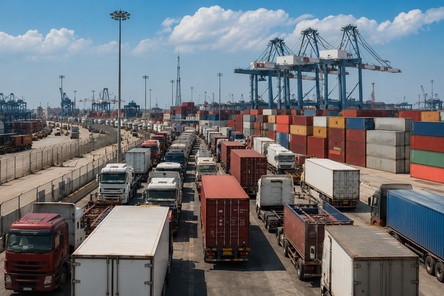 Photorealistic image of a congested terminal yard with trucks waiting, idle containers, and paused cranes, illustrating operational delays.