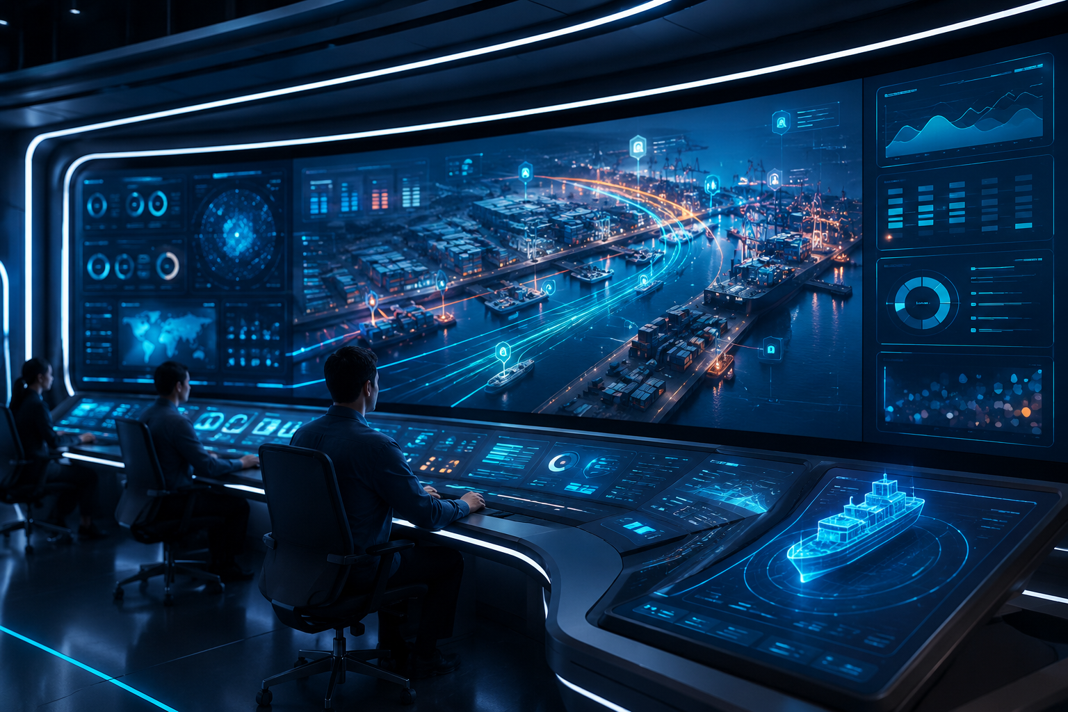 3D rendered image of a digital control room with large screens, abstract data streams, and a terminal map, representing real-time visibility through advanced systems.