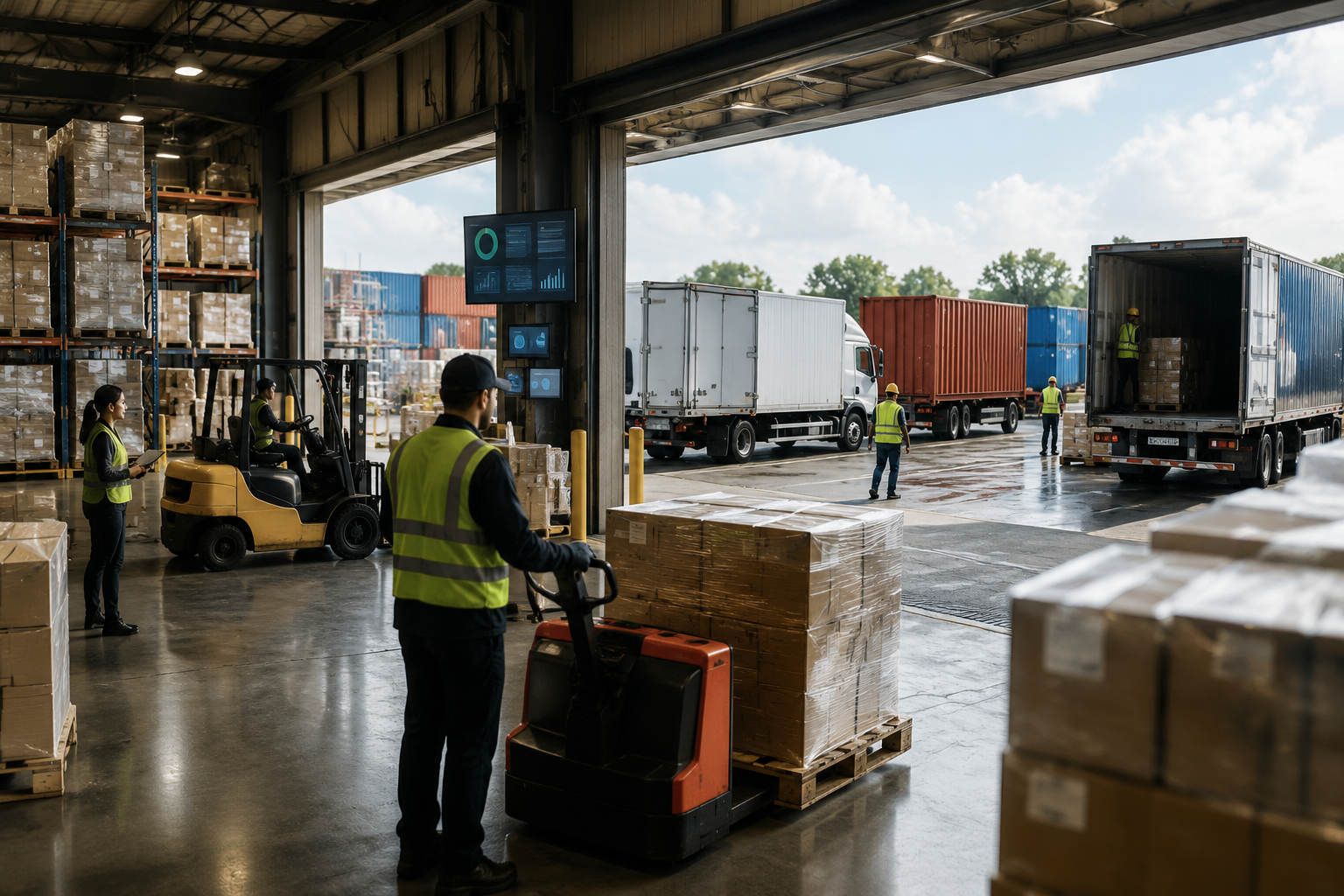 A modern warehouse with workers coordinating the movement of goods to and from transport trucks in a busy logistics yard.