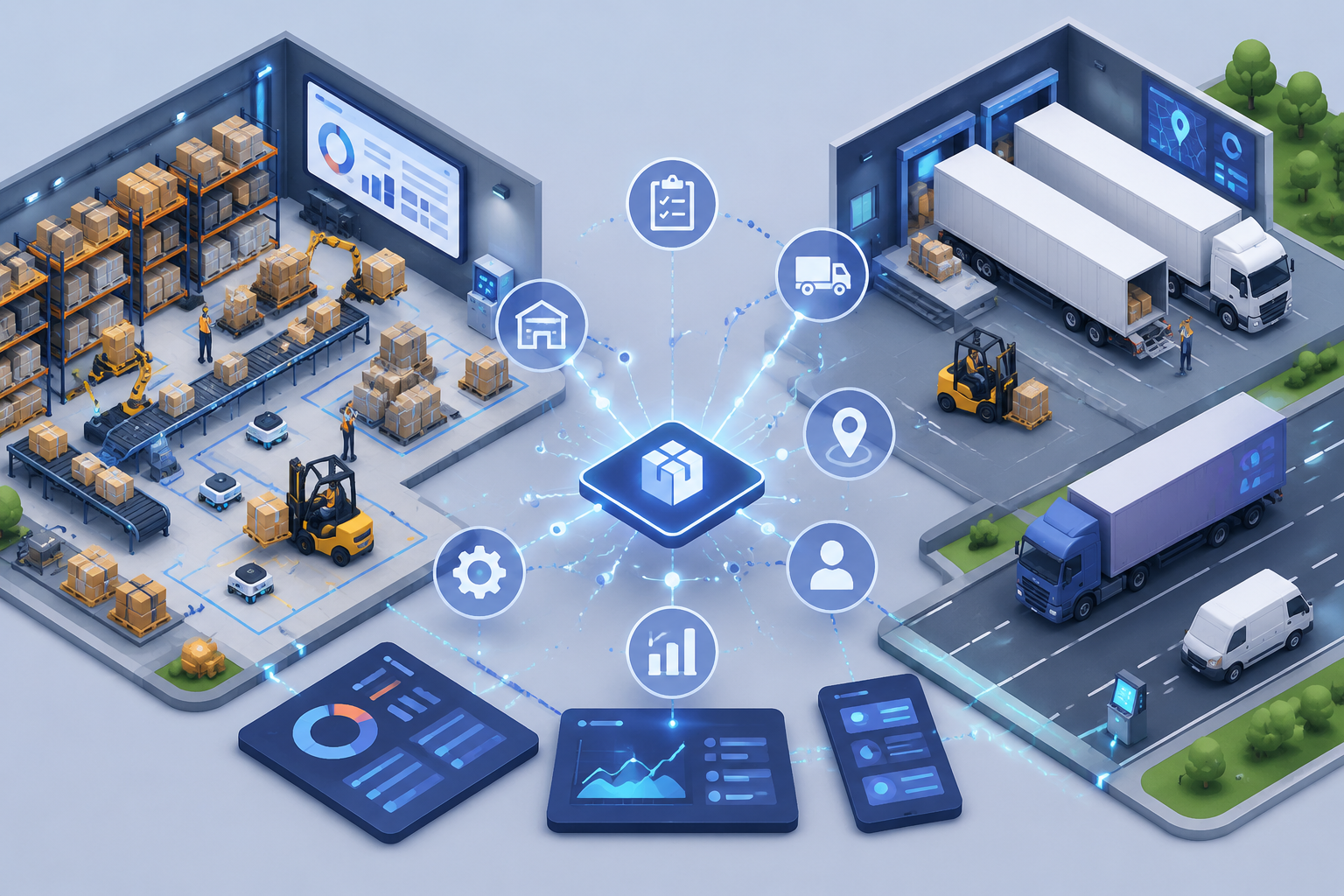 An isometric illustration showing digitally connected warehouse and transport zones, highlighting integrated logistics workflows.